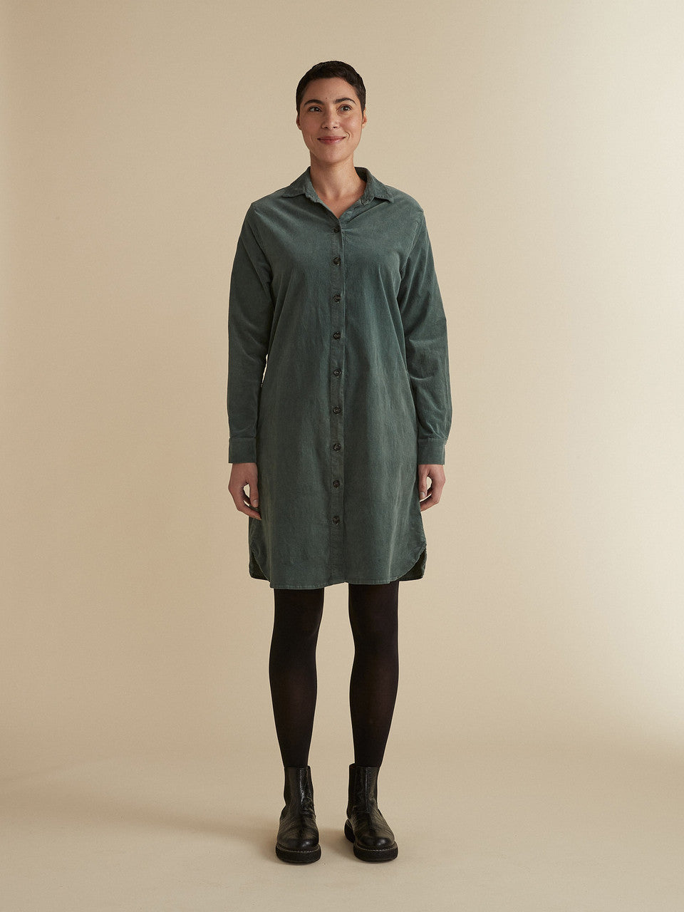 cut loose dress - Mini Cord Shirt Bubble dress Symphony concert etiquette 101 Zenith Model wears XS in Style:EP00461BK