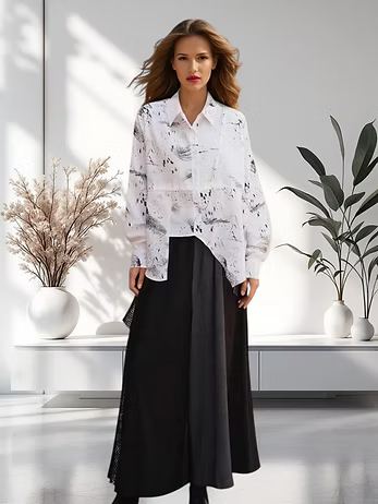 Vanite Couture Asymmetric Button Front Abstract Print Top - 21098 - WHITE/BLACK