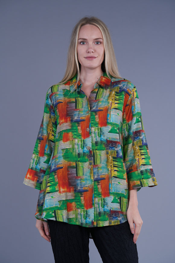 Shana Printed  Zip Back Shirt - 24309 - GREEN - 6