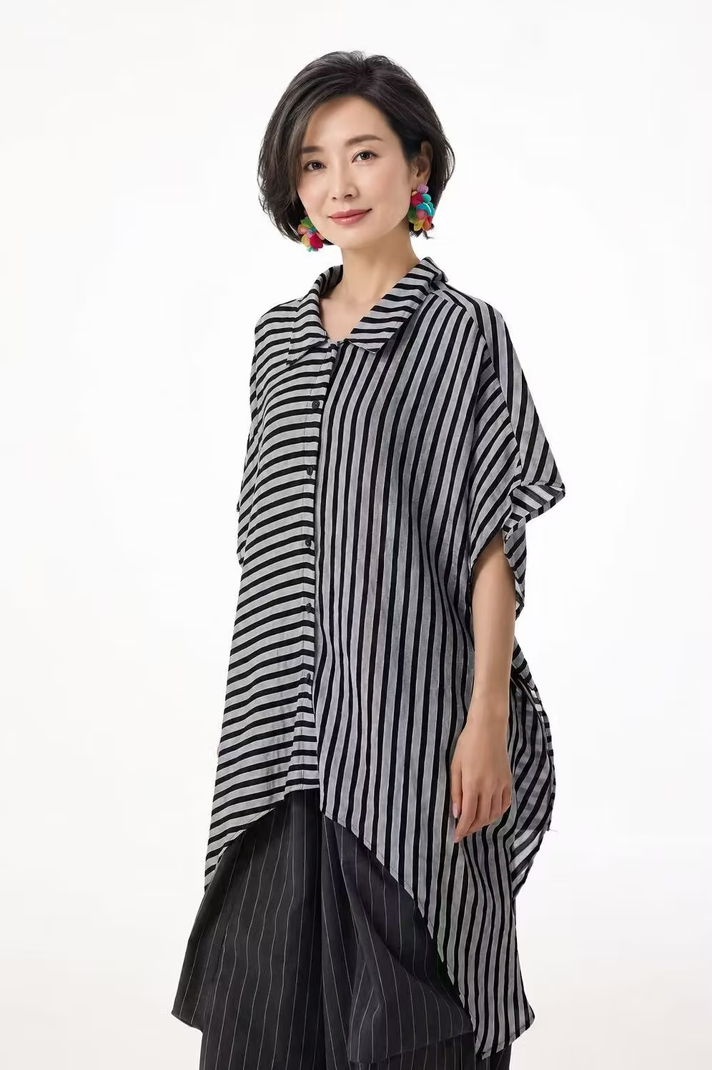 Vanite Couture Asymmetric Button Front Striped Tunique Top - 6589