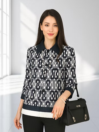 Vanite Couture Button Front Patterned Top - 66730 - BLACK/WHITE