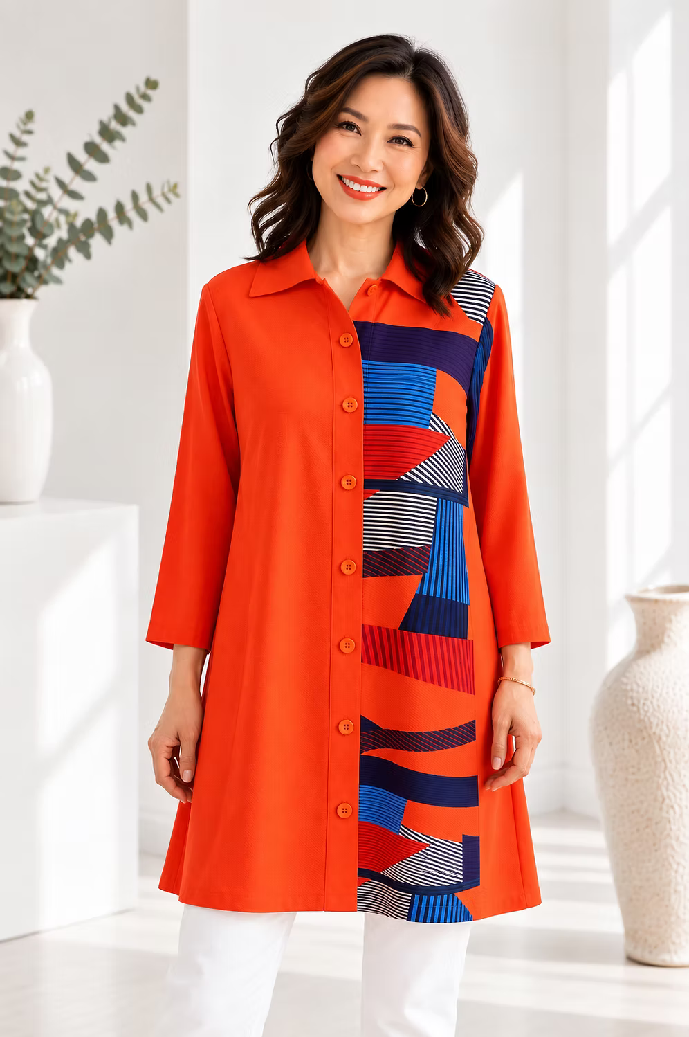 Vanite Couture Button Front Pleated Abstract Contrasting Jacket/Dress - 81805 - ORANGE MULTI