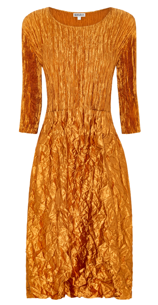 Alquema 3/4 Sleeve  Pocket Dress - Glossy- METALLIC GOLD