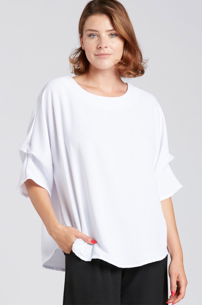 Sydney Project Dani Button Back 1/2 Sleeve Ruched Top - AFT1137 - WHITE