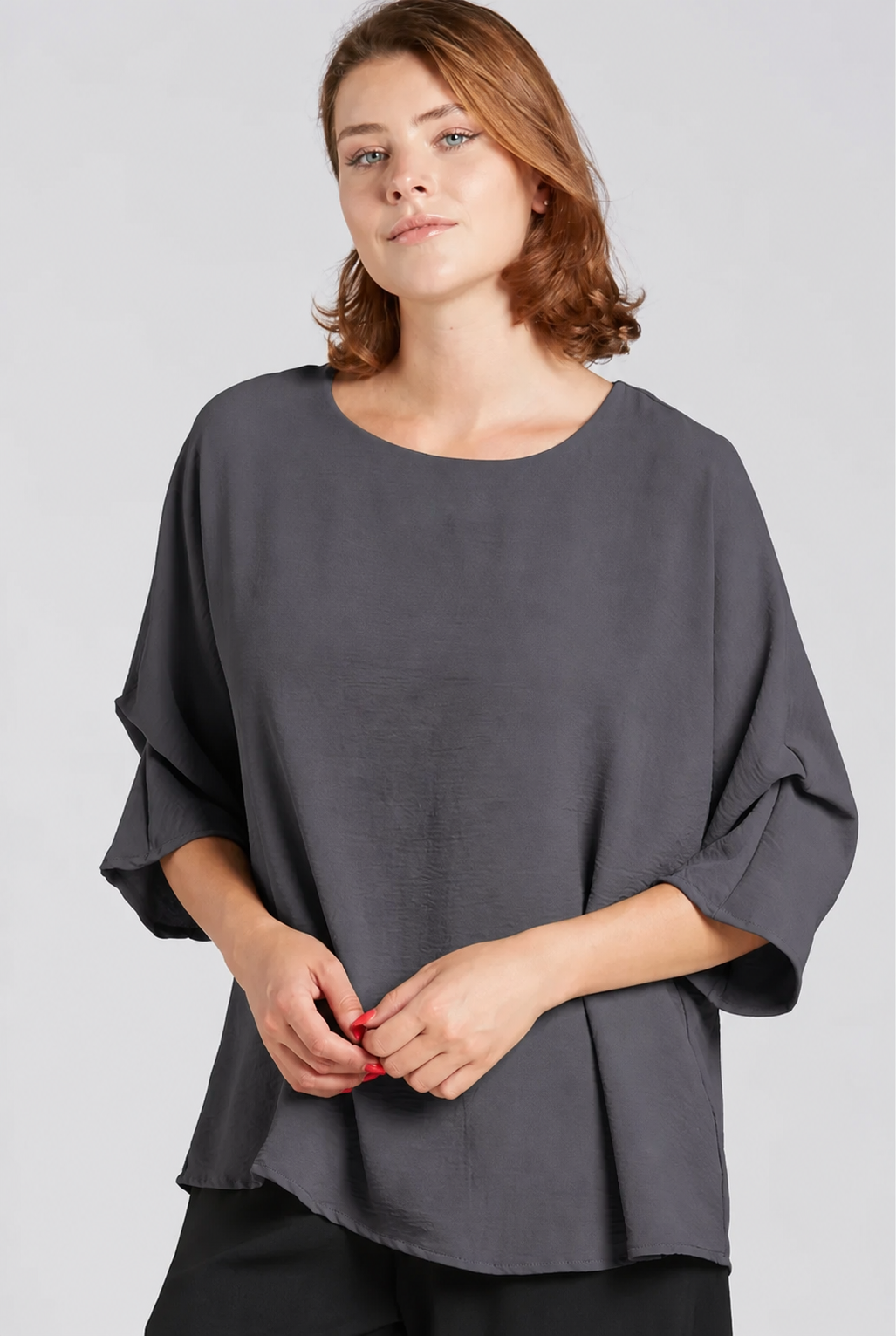 Sydney Project Dani Button Back 1/2 Sleeve Ruched Top - AFT1137 - CHARCOAL