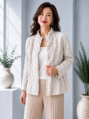 Vanite Couture Crushed Pleated Textured Open Front Jacket - 2316 - STONE