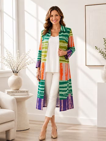Vanite Couture Button Front Striped Color Block Long Duster - 80000 - ORANGE/GREEN MULTI