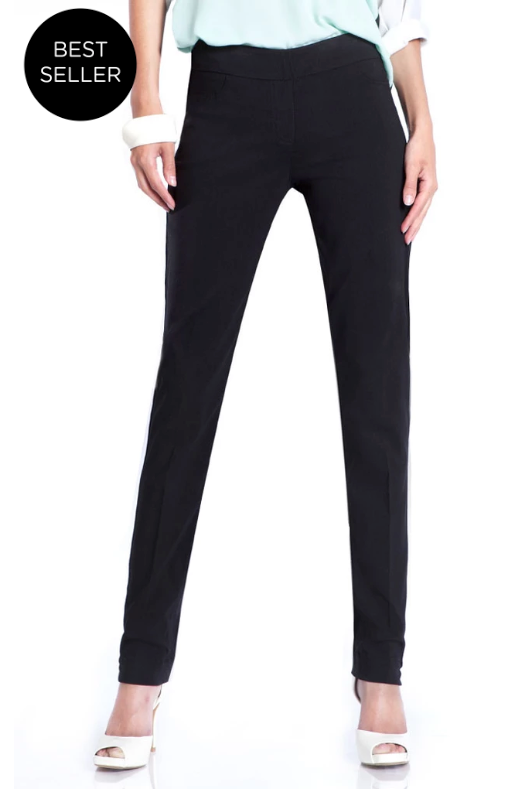Slimsation LONG/Narrow Women's Wide Band Pull-On Straight Leg Pant With Tummy Control (M2604P)-BLACK