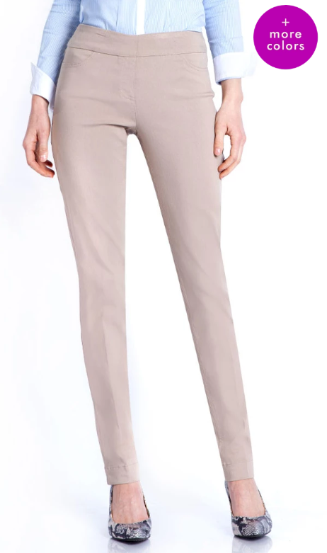 Slimsation LONG/Narrow Women's Wide Band Pull-On Straight Leg Pant With Tummy Control (M2604P)-STONE