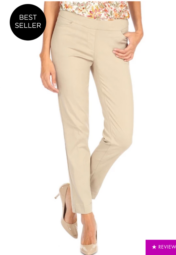 Slimsation LONG/Narrow with POCKETS Women's Wide Band Pull-On Straight Leg Pant With Tummy Control (M2684P)-STONE