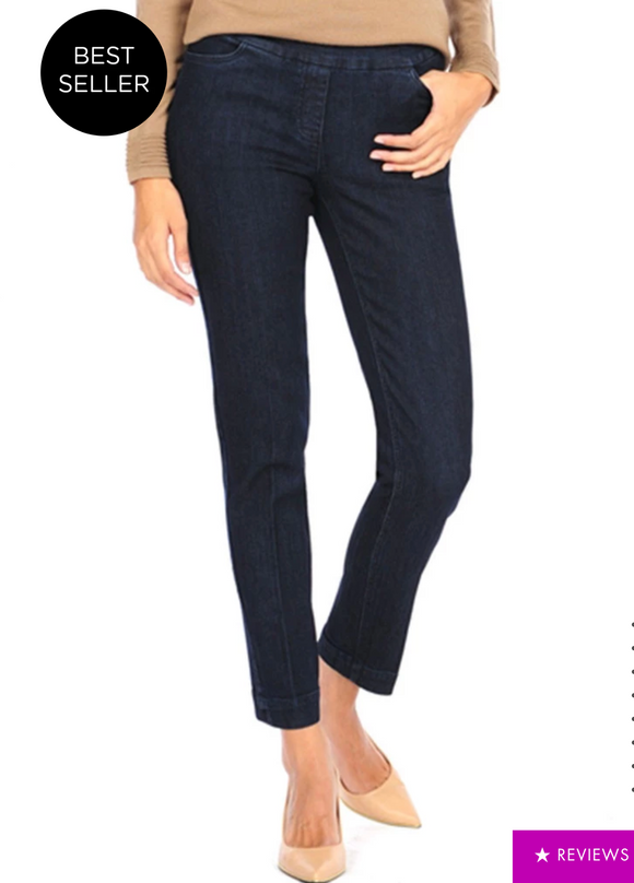 Slimsation LONG/Narrow with POCKETS Women's Wide Band Pull-On Straight Leg Pant With Tummy Control (M2684P)-DENIM