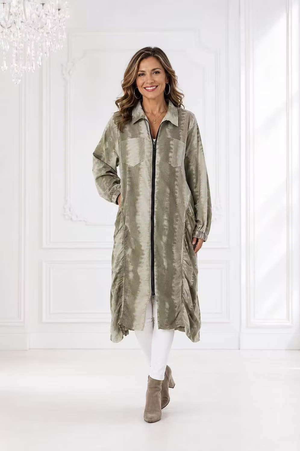 Vanite Couture Zip Front Long Jacket - 10153 -  GREEN/TAN