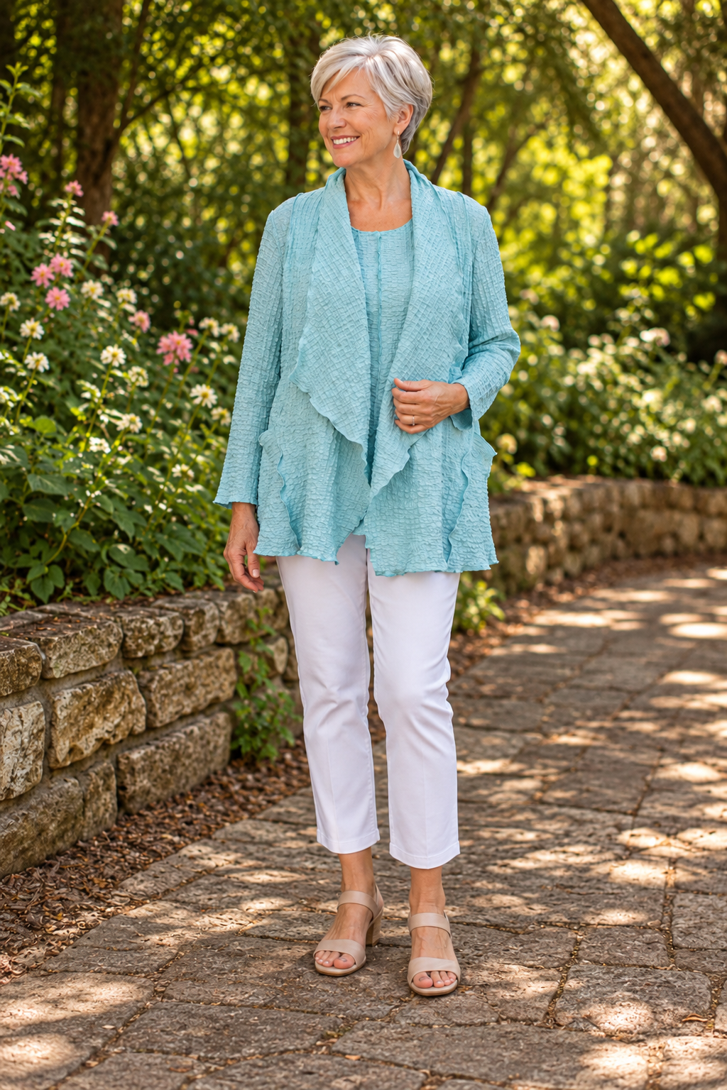 Vine Street Open Front Short Cardi - 322 - AQUA CREPE