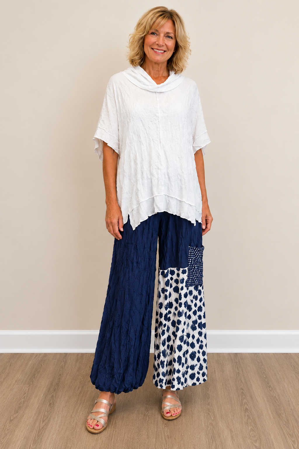 Vine Street Mixed Media Crinkle Relaxed Pant - 243 - MIXED NAVY
