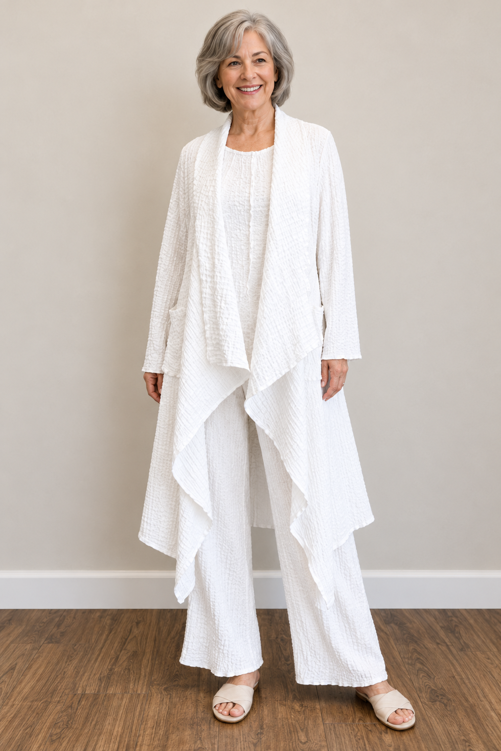 Vine Street Crepe Solid Long Duster  - 382 - WHITE CREPE