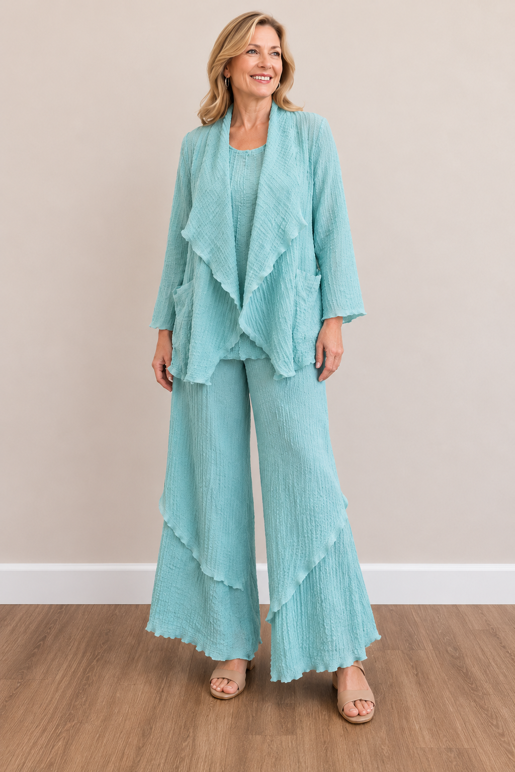 Vine Street Open Front Short Cardi - 322 - AQUA CREPE