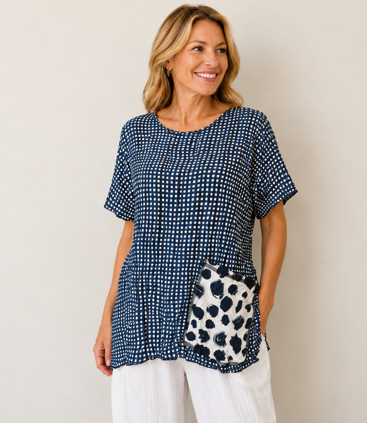 Vine Street Crinkle Pocket Detail Mixed Top - 770 - NAVY