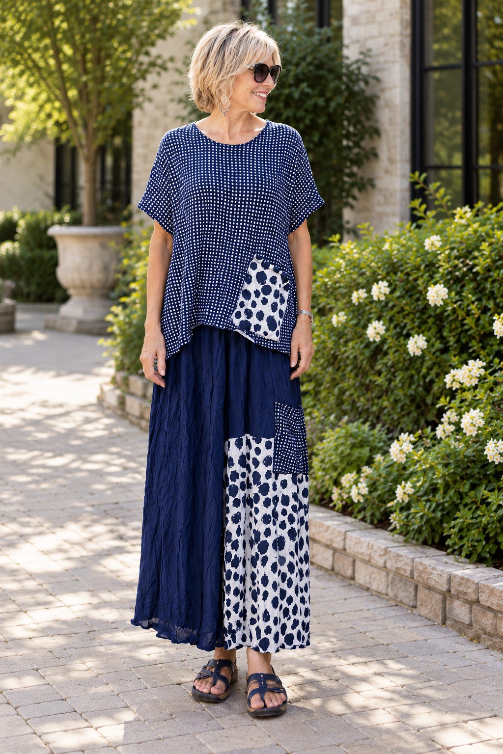 Vine Street Crinkle Pocket Detail Mixed Top - 770 - NAVY