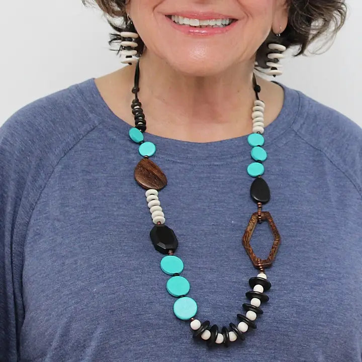 SYLCA Aqua Wood Bead Gabby Necklace - BP24N17 - AQUA