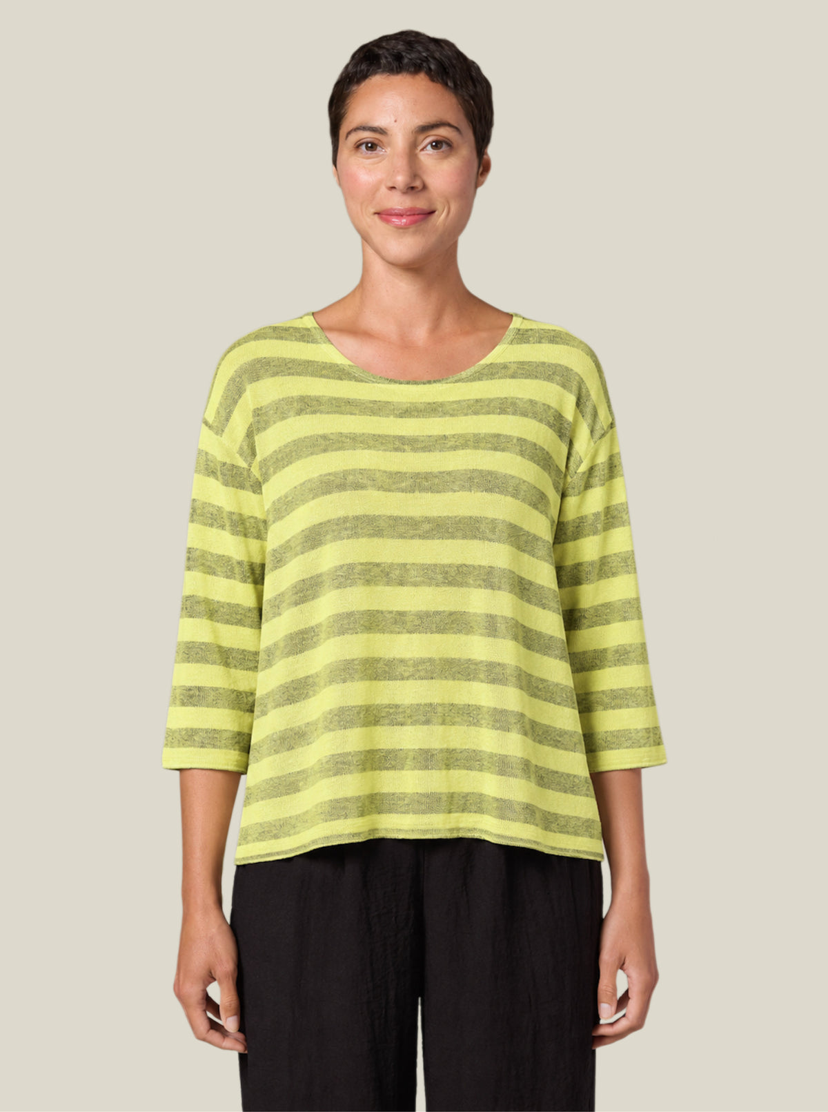 CUT LOOSE Wide Stripe Sweater Knit 3/4 Sleeve Boatneck Tee - 6405060