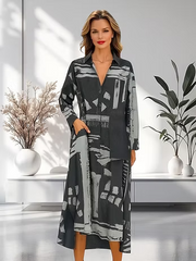 Vanite Couture Abstract Print Long Sleeve Dress - 0968 - BLACK