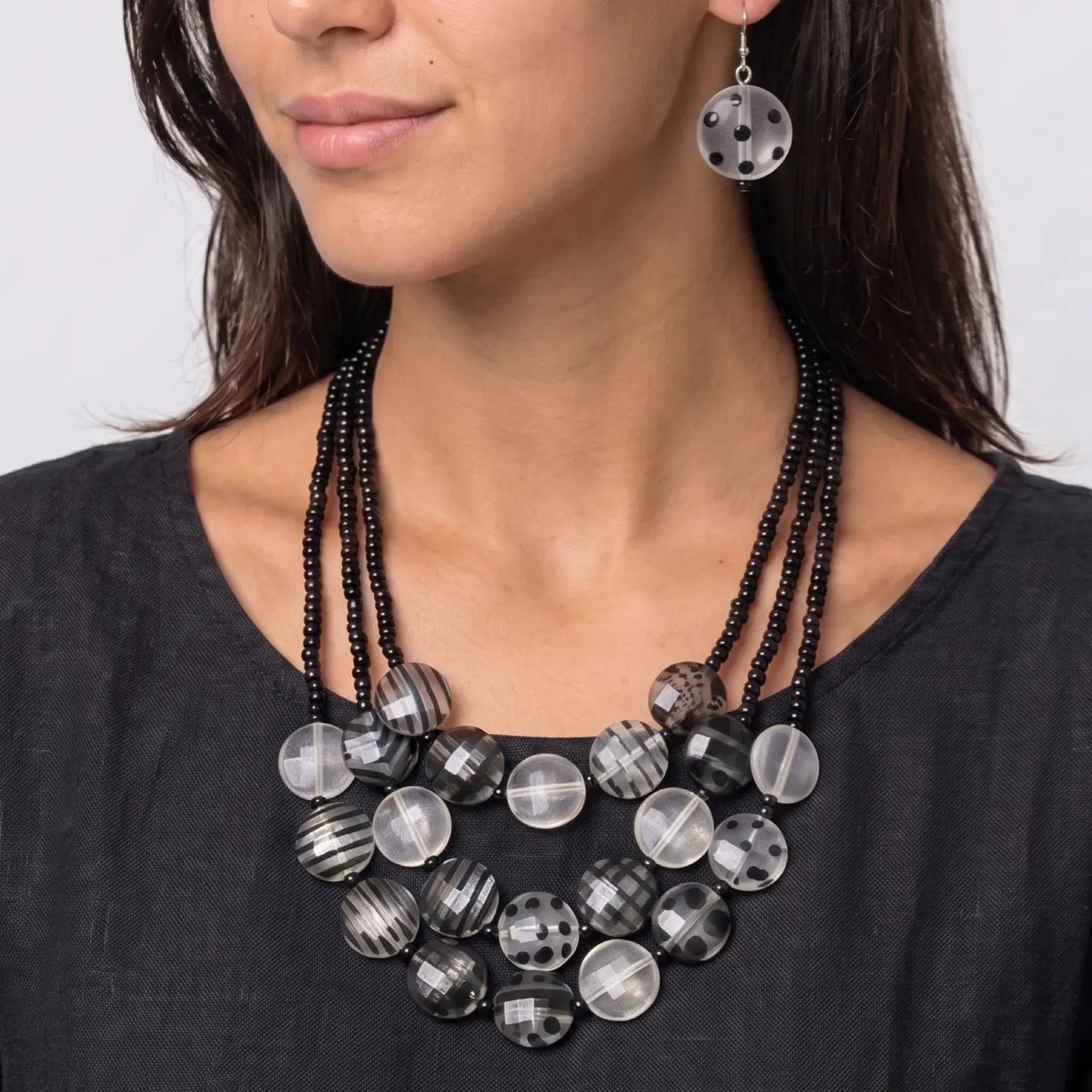 SYLCA Frosted Sea Stone Triple Strand Necklace - LS26N09 - BLACK/WHITE