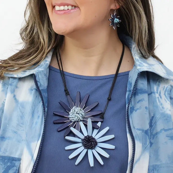 SYLCA Navy Amaya Double Flower Statement Necklace - BP21N16 - NAVY
