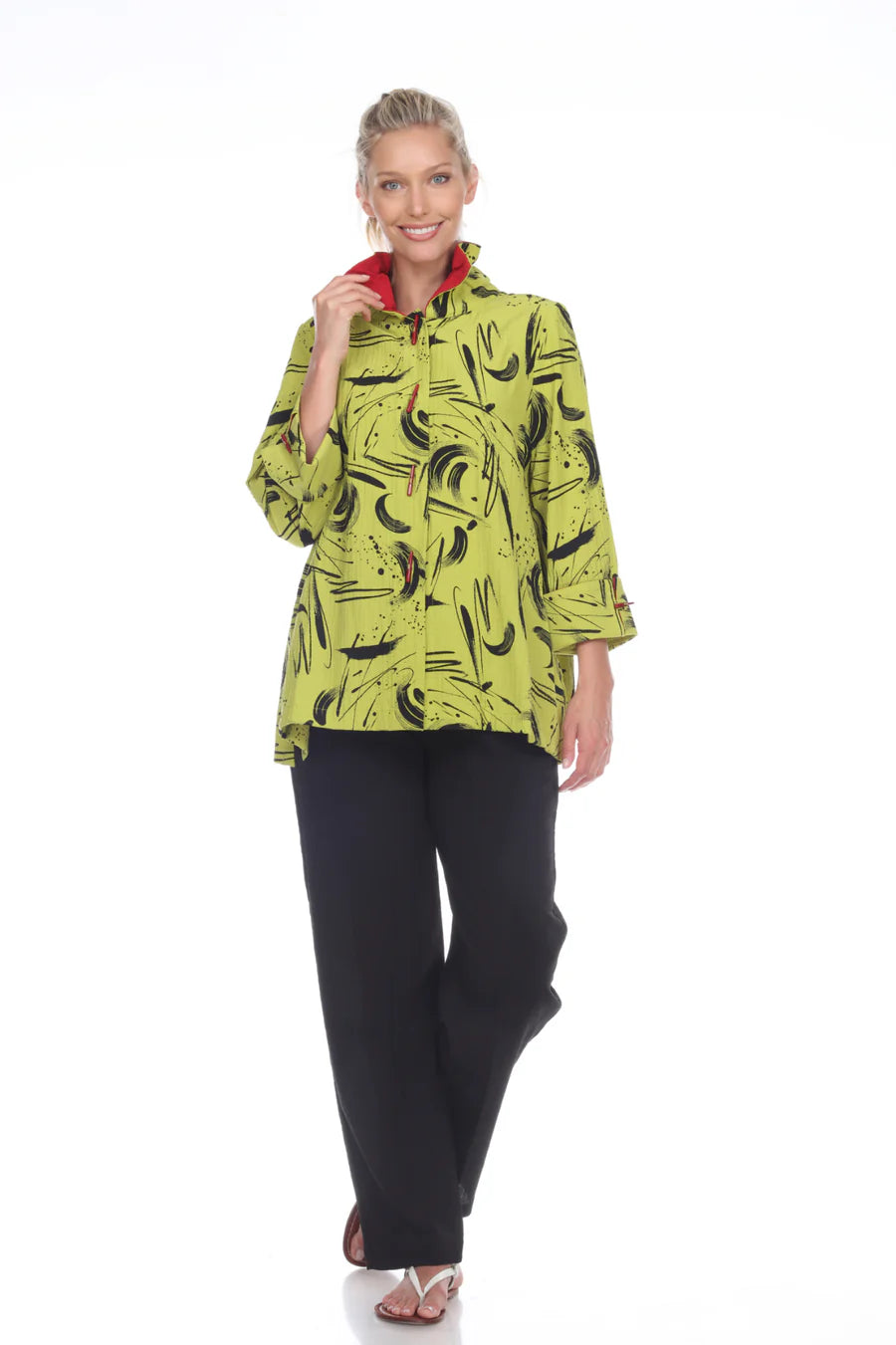 MOONLIGHT Button Down Swirl Pleated Zip Back Swing Shirt - 2417 PR LIME