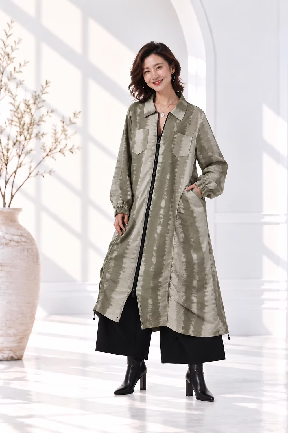 Vanite Couture Zip Front Long Jacket - 10153 -  GREEN/TAN
