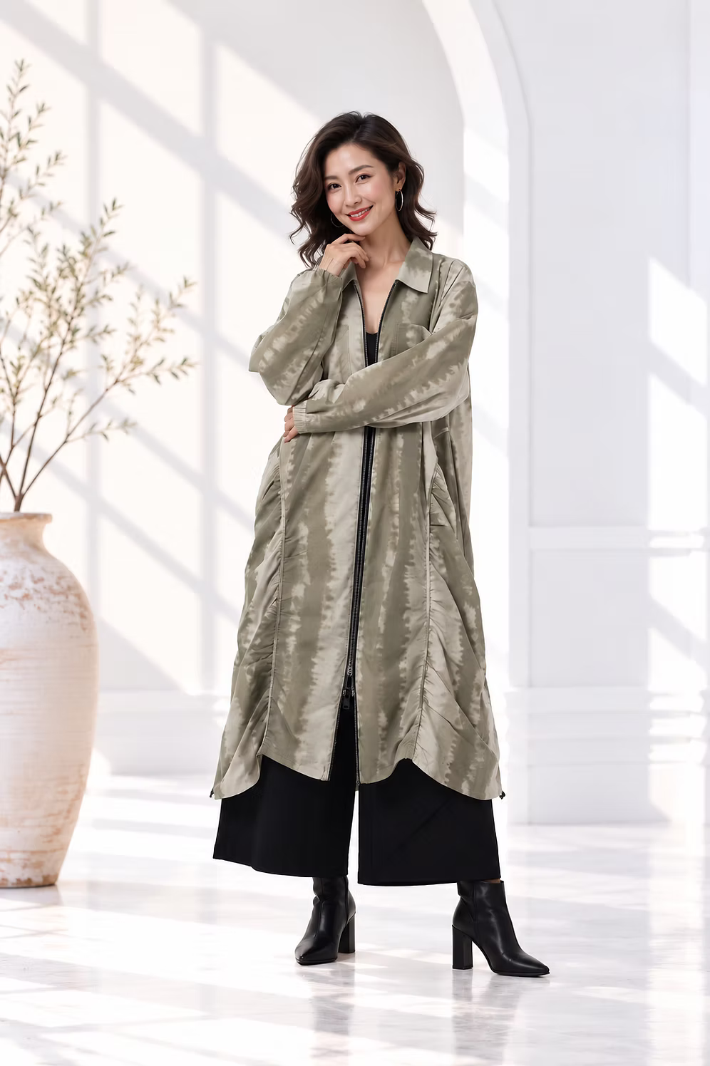 Vanite Couture Zip Front Long Jacket - 10153 -  GREEN/TAN