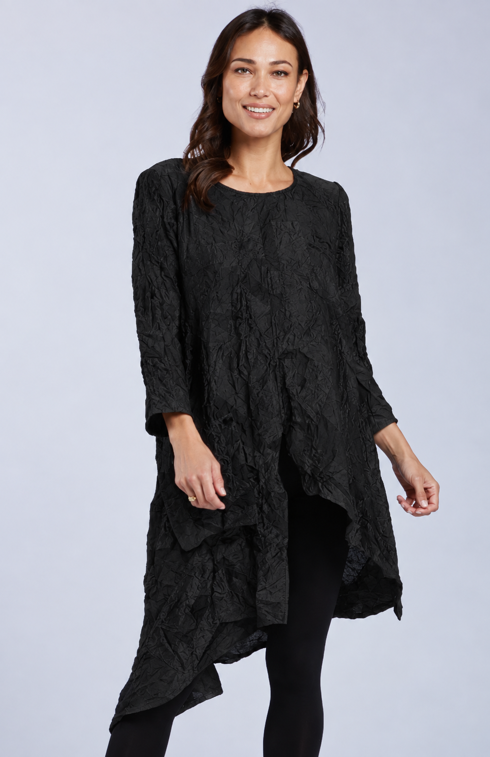 Sydney Project Ashley Long Sleeve Round Neck Asymmetric Abstract Long Top - CJT1024 - BLACK