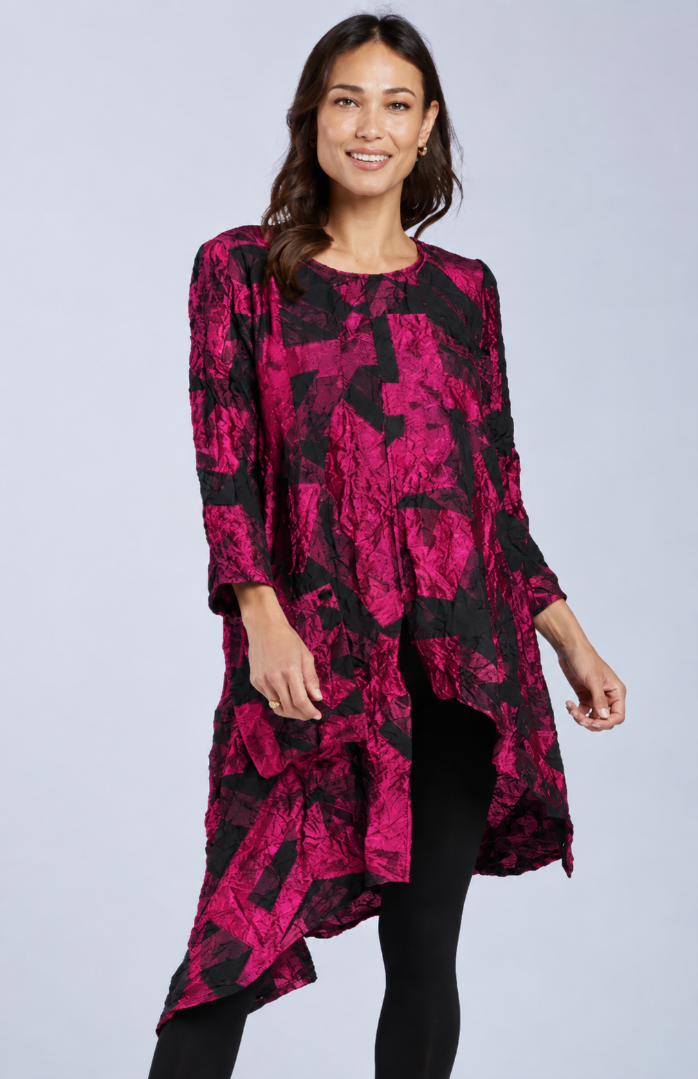 Sydney Project Ashley Long Sleeve Round Neck Asymmetric Abstract Long Top - CJT1024 - MAGENTA