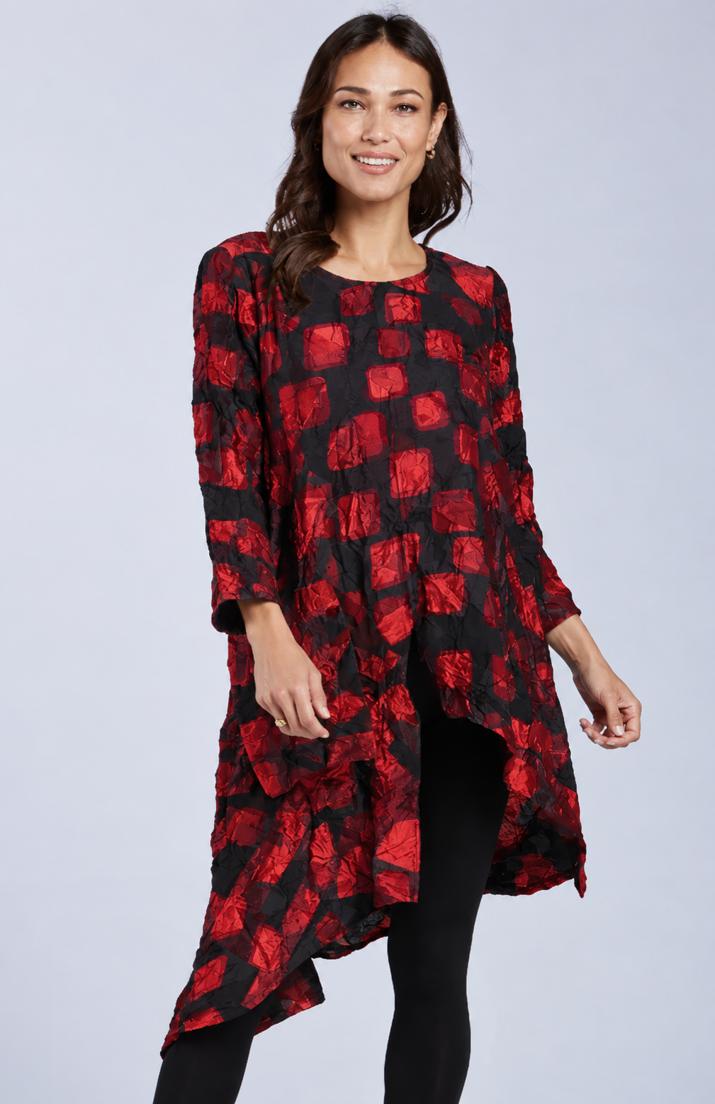 Sydney Project Ashley Long Sleeve Round Neck Asymmetric Abstract Long Top - CJT1024 - RED PEBBLES