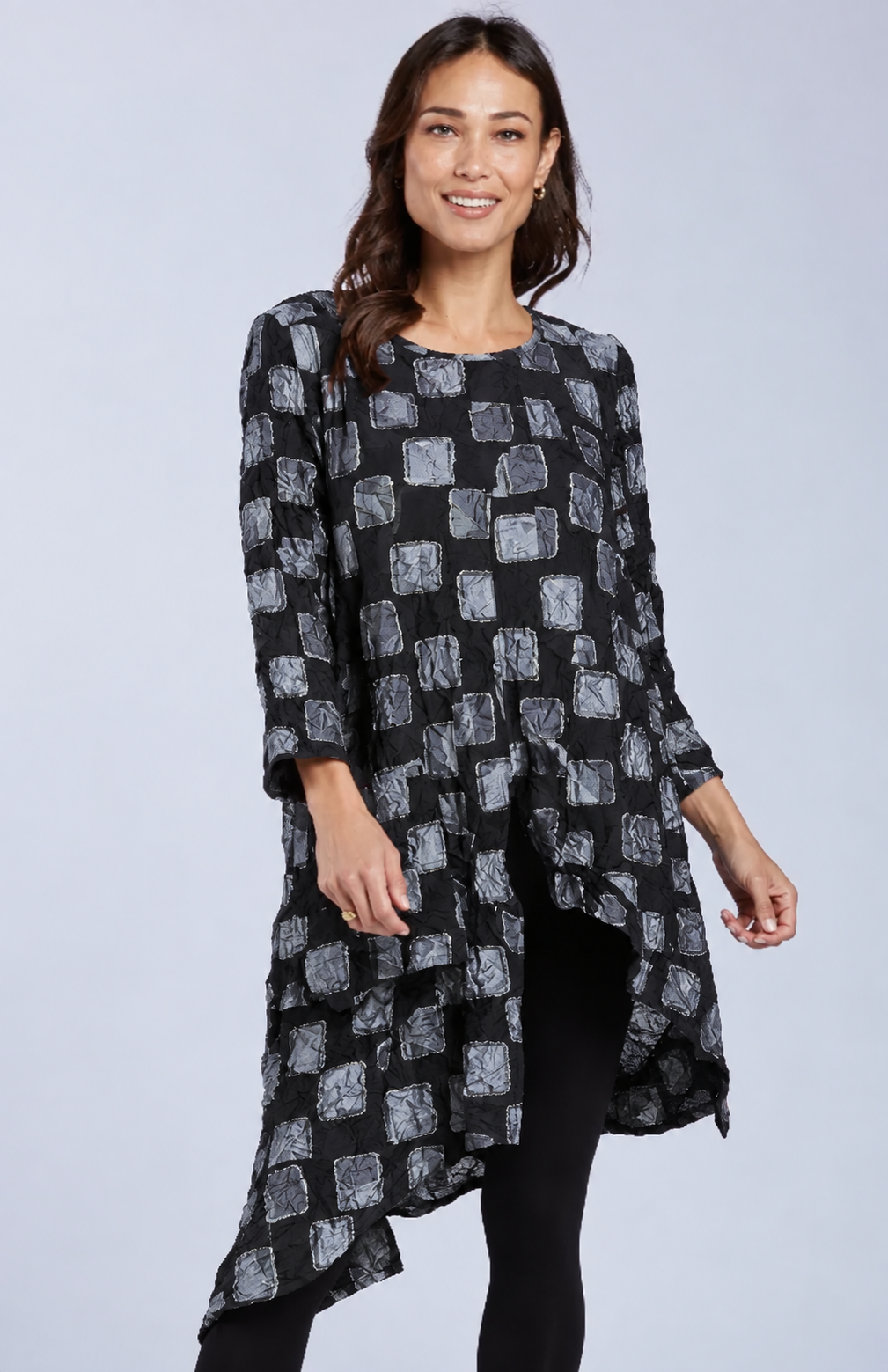 Sydney Project Ashley Long Sleeve Round Neck Asymmetric Abstract Long Top - CJT1024 - SILVER PEBBLES