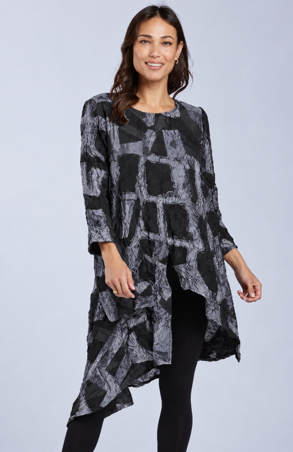 Sydney Project Ashley Long Sleeve Round Neck Asymmetric Abstract Long Top - CJT1024 - SILVER