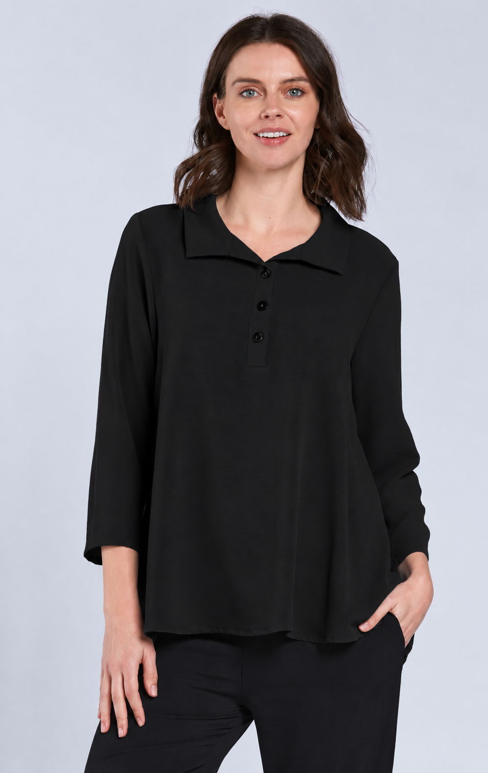 Sydney Project Henley Button Down Collar Long Sleeve Relaxed Top - AFT1064 - BLACK