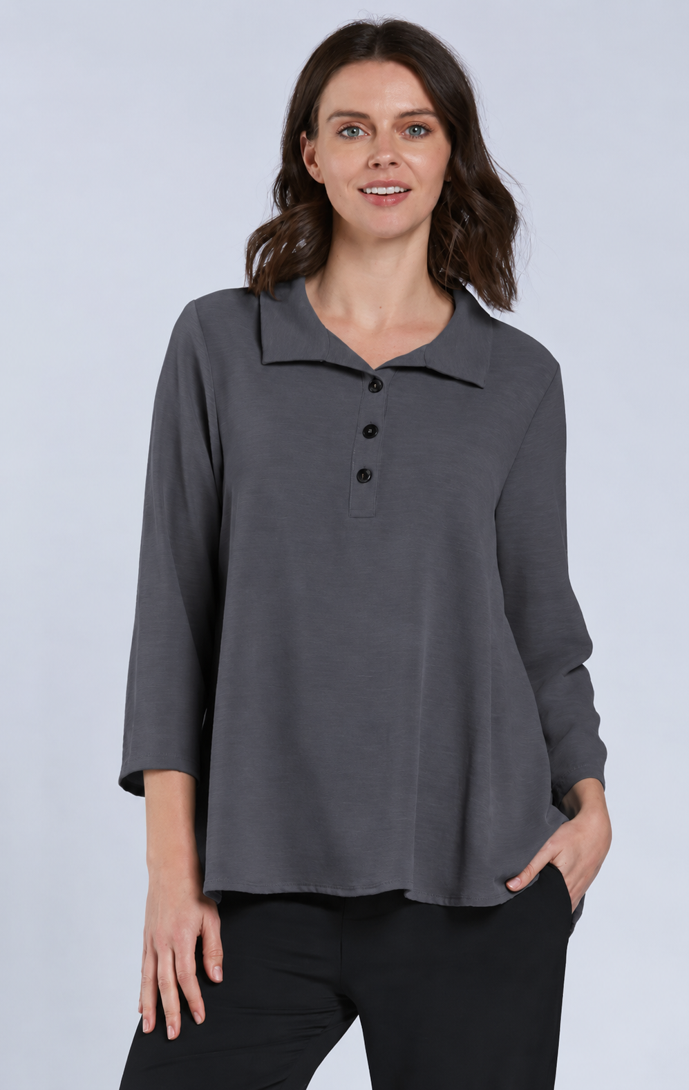 Sydney Project Henley Button Down Collar Long Sleeve Relaxed Top - AFT1064 - CHARCOAL