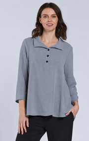 Sydney Project Henley Button Down Collar Long Sleeve Relaxed Top - AFT1064 - GREY
