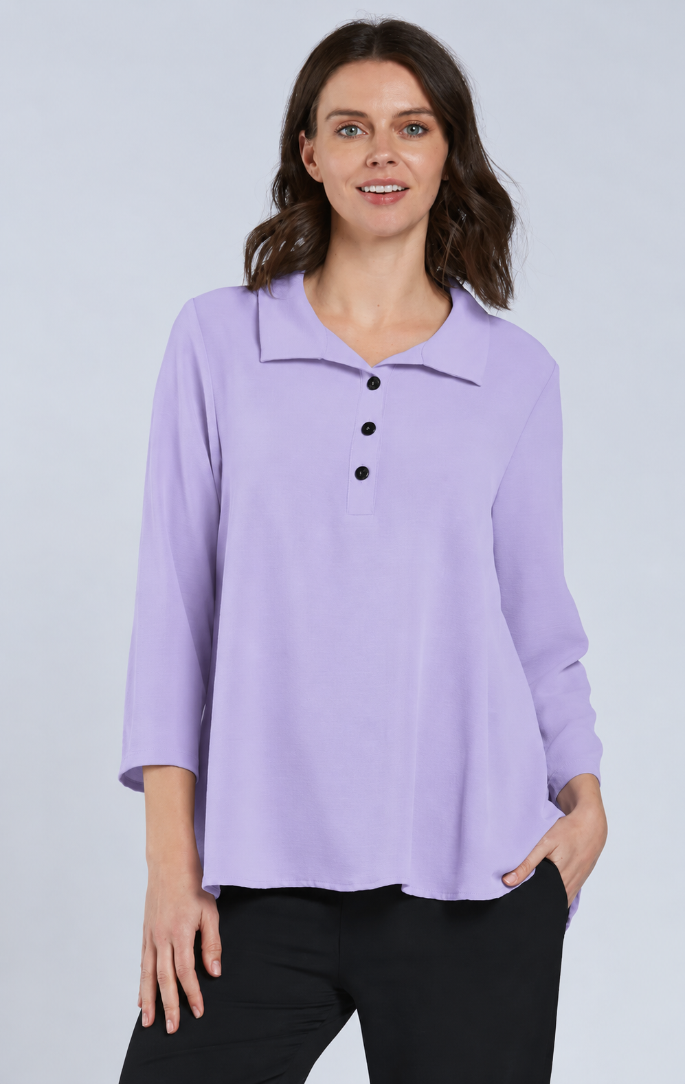 Sydney Project Henley Button Down Collar Long Sleeve Relaxed Top - AFT1064 - LAVENDER