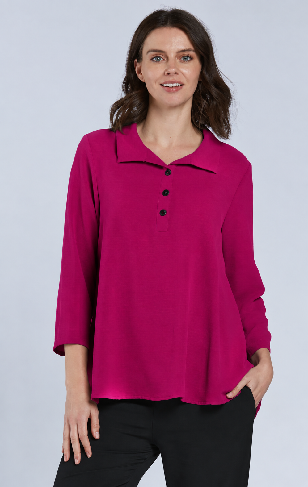 Sydney Project Henley Button Down Collar Long Sleeve Relaxed Top - AFT1064 - MAGENTA