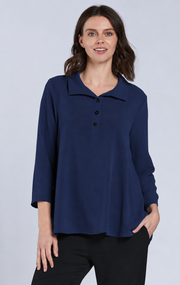 Sydney Project Henley Button Down Collar Long Sleeve Relaxed Top - AFT1064 - NAVY