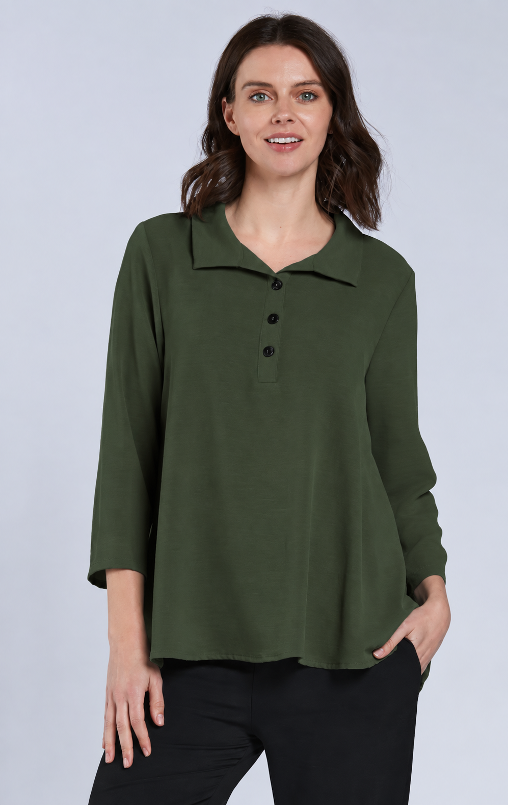 Sydney Project Henley Button Down Collar Long Sleeve Relaxed Top - AFT1064 - OLIVE