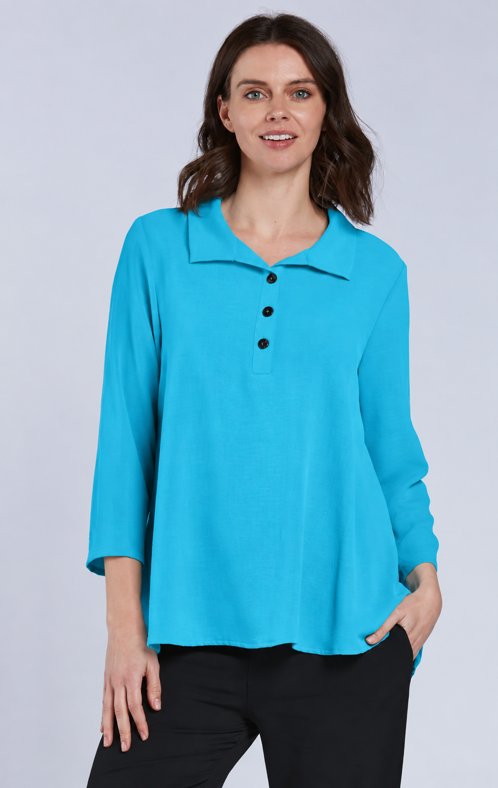 Sydney Project Henley Button Down Collar Long Sleeve Relaxed Top - AFT1064 - TURQUOISE