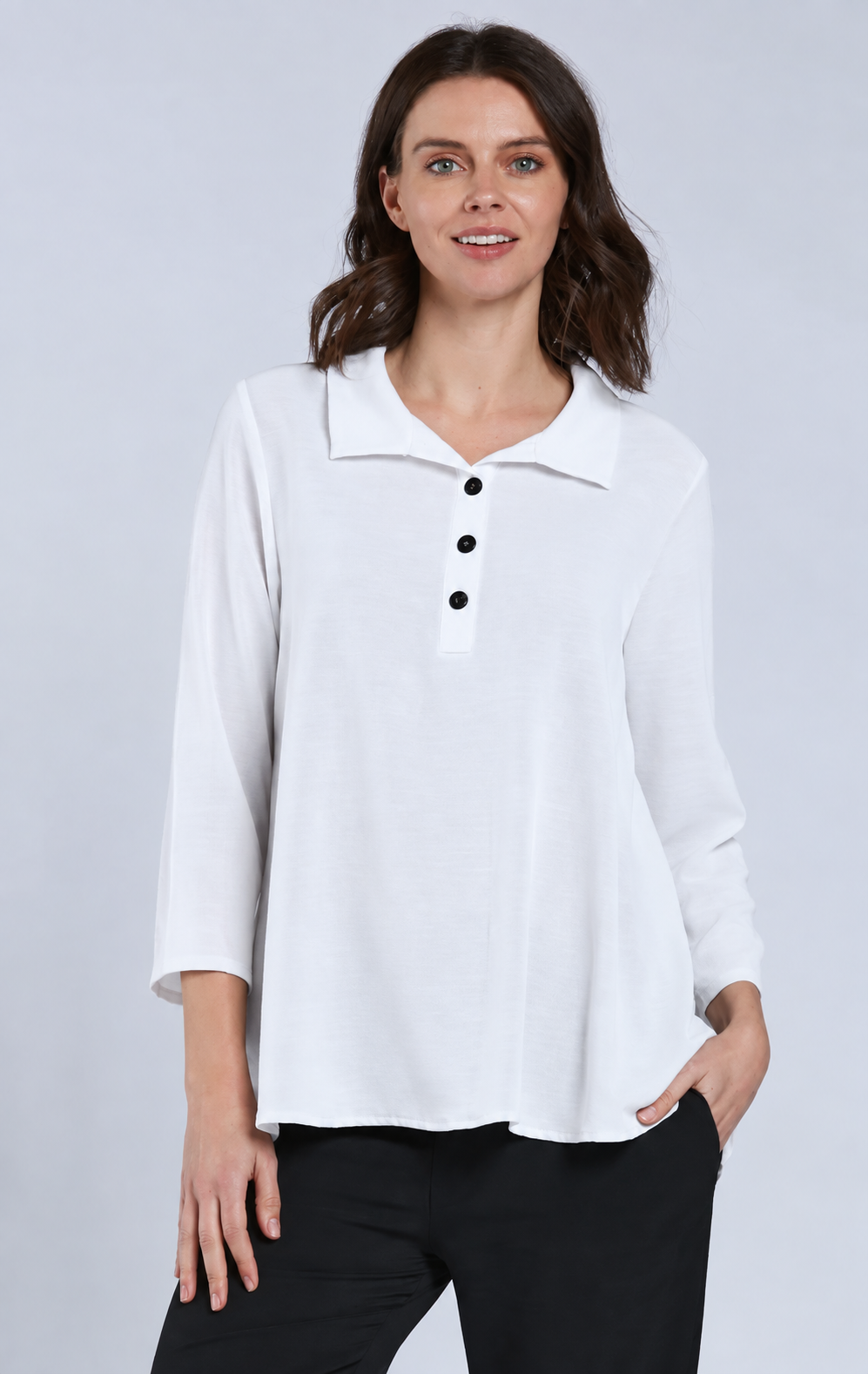 Sydney Project Henley Button Down Collar Long Sleeve Relaxed Top - AFT1064 - WHITE