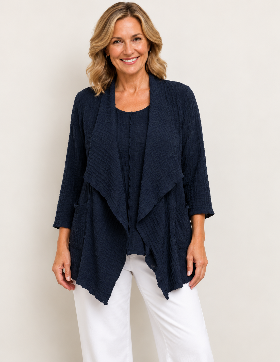 Vine Street Open Front Short Cardi - 322 - NAVY CREPE