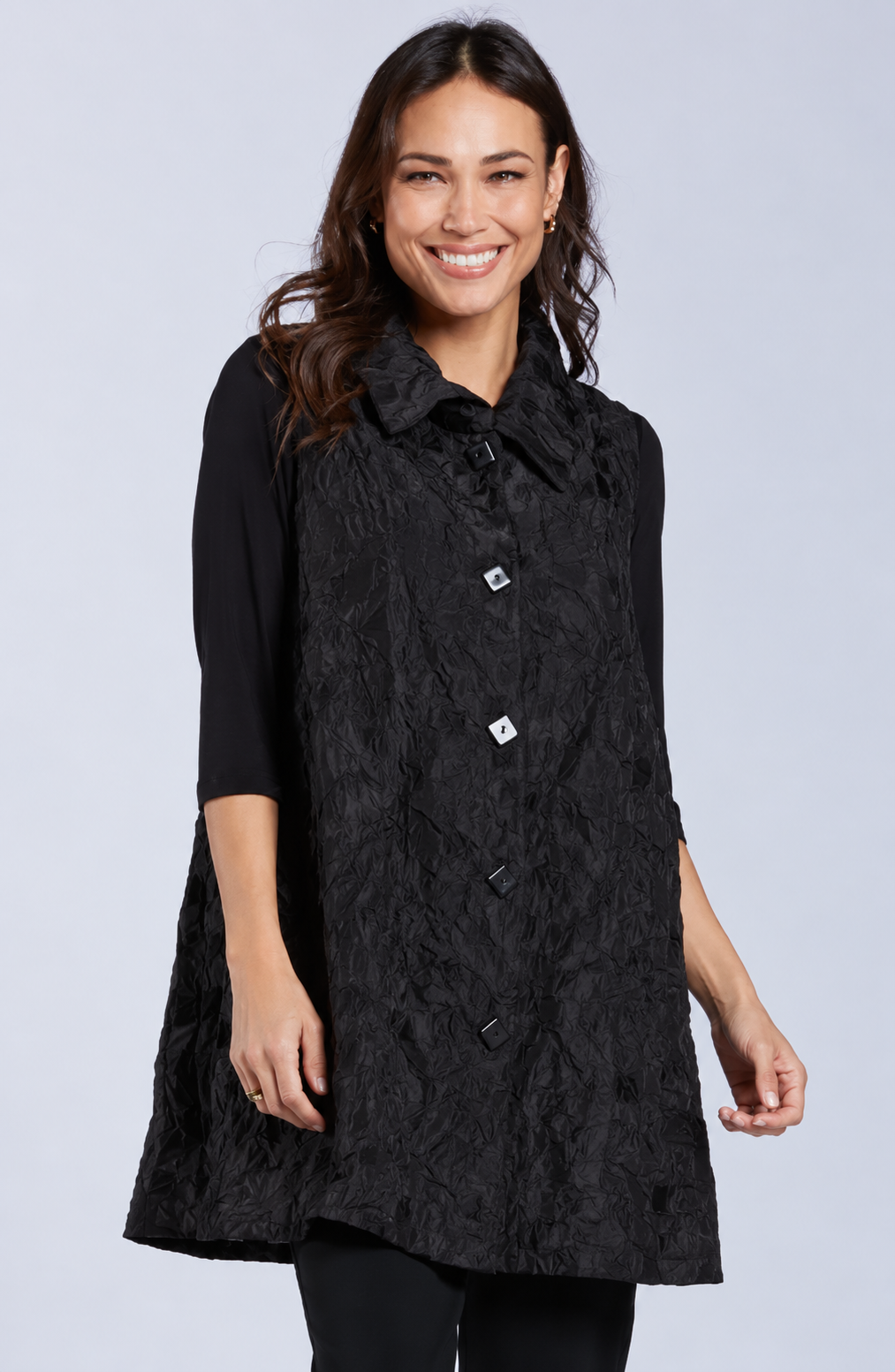 Sydney Project Wren Long Geometric Button Down Collared Vest - CJJ1113 - BLACK