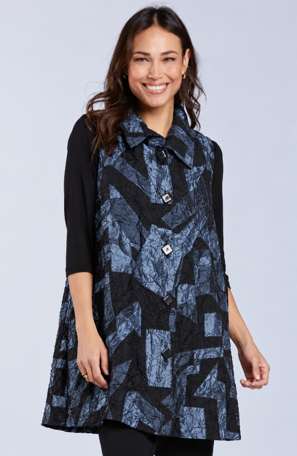 Sydney Project Wren Long Geometric Button Down Collared Vest - CJJ1113 - BLUE GREY