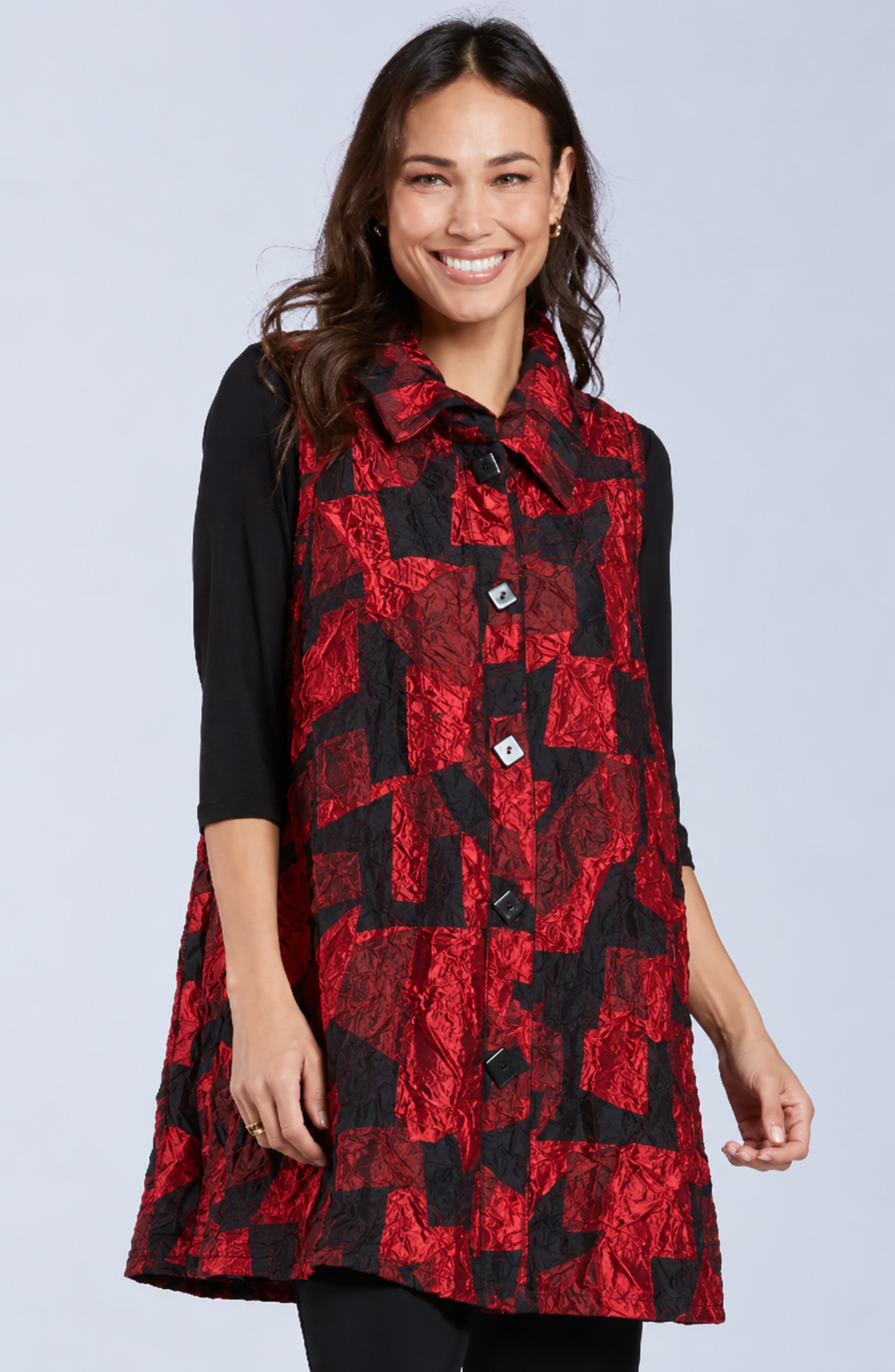 Sydney Project Wren Long Geometric Button Down Collared Vest - CJJ1113 - CRIMSON