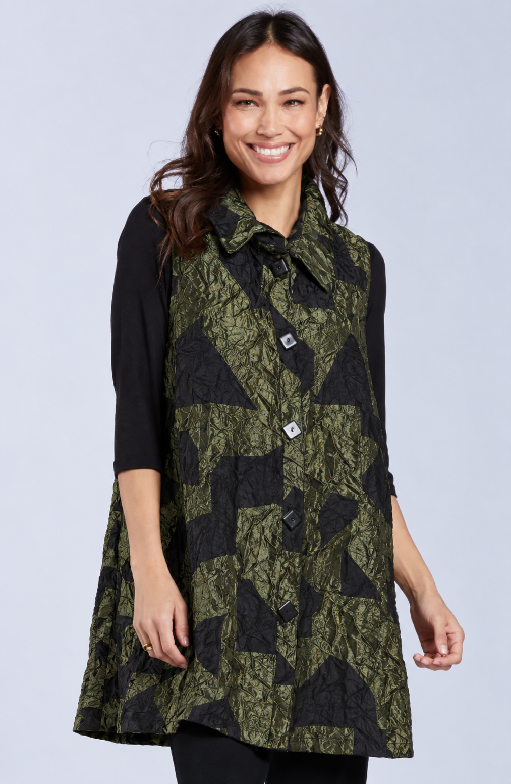 Sydney Project Wren Long Geometric Button Down Collared Vest - CJJ1113 - OLIVE