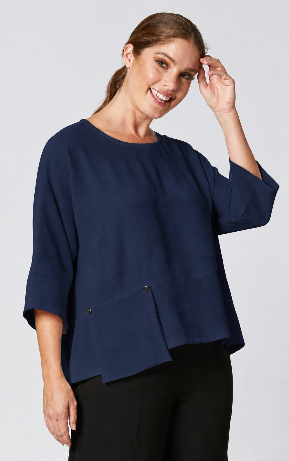 Sydney Project Peyton Round Neck 3/4 Sleeve Boxy Top w/ Front Pocket - AFT1121 - NAVY
